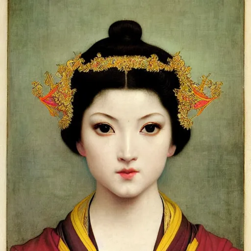 Prompt: front symmetric face of asian megane fox in japanese costume, victorian head dress, by jan van eyck, tom bagshaw, jean delville, william bouguereau, albrecht durer, symbolist painting, mysterious mood