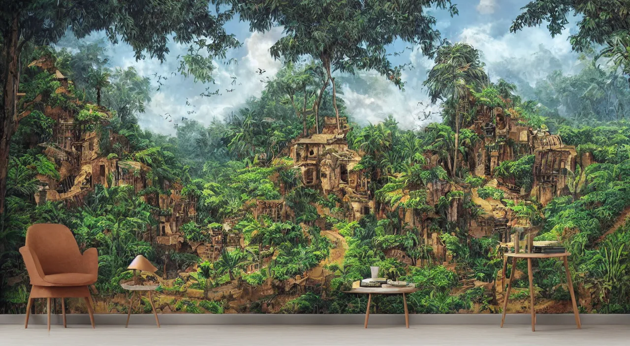 Image similar to close zouk fabric wall fortress countryside jungle dirt a spectacular view cinematic illustration by john kirby