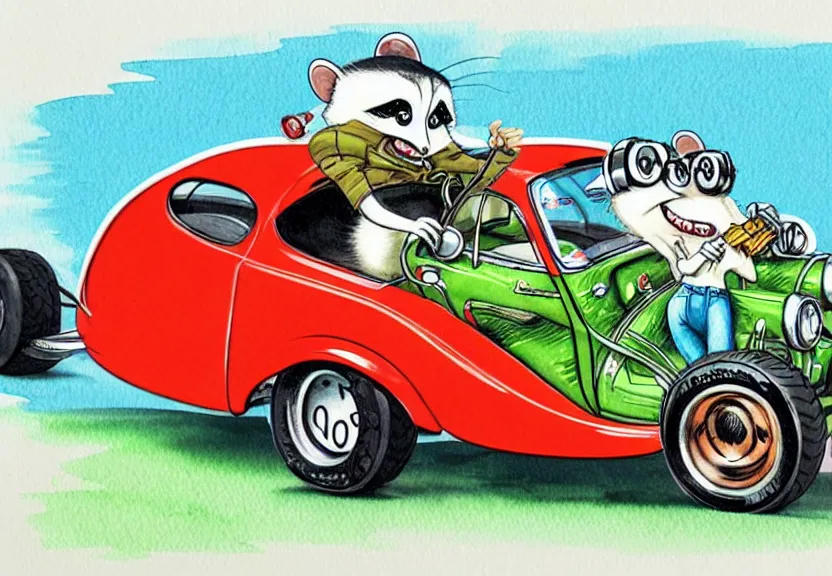 Image similar to cute and funny, racoon riding in a tiny hot rod coupe with oversized engine, ratfink style by ed roth, centered award winning watercolor pen illustration, isometric illustration by chihiro iwasaki, edited by range murata