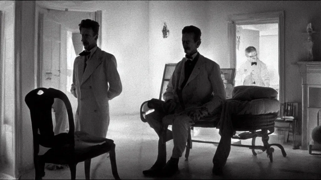 Image similar to an mri image of james cavell in the living room, film still from the movie directed by denis villeneuve with art direction by salvador dali, wide lens