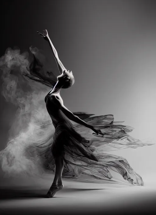 Image similar to a Photorealistic dramatic hyperrealistic render of a glamorous beautiful Female smoke dancer by Ken Brower and Deborah Ory of NYC Dance project,Lois Greenfield,Flowing cloth and smoke,Beautiful dynamic dramatic dark moody lighting,volumetric,shadows,cinematic atmosphere,Octane render,8K