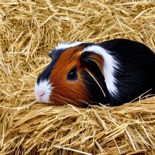 Image similar to a guinea pig wearing white wings, flying in a field of hay