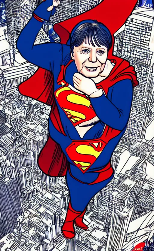 Prompt: illustration of angela merkel as superwoman by katsuhiro otomo