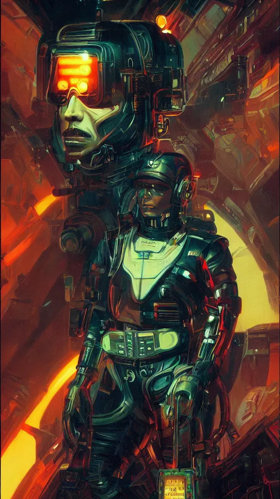 Image similar to concept art, retro - futurist pilot portrait, imperious, heroic, dramatic neon lighting, high contrast, backlit, eerie, mysterious, bladerunner, by gerald brom, james jean, syd mead, akihiko yoshida, cinematic