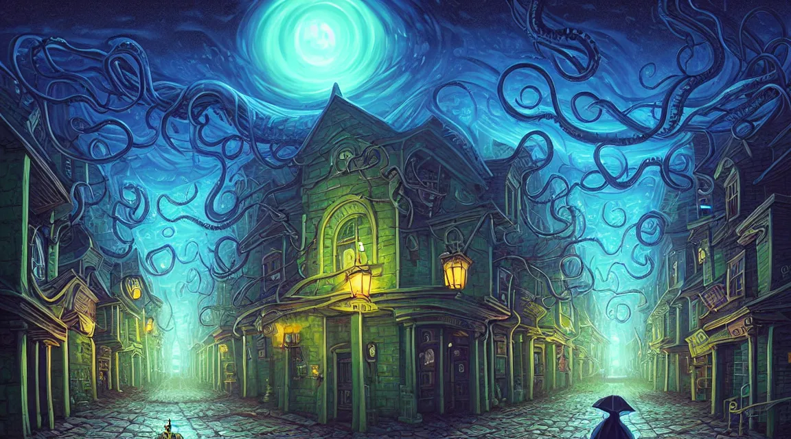 Image similar to cthulhu visits a lovecraftian town. lovecraft. cthulhu. lovecraftian city at night by cyril rolando and naomi okubo and dan mumford and ricardo bofill. lovecraftian cthulhu. cobbled streets. lovecraftian landscape. swirly night sky.