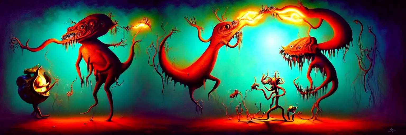 Image similar to whimsical creature freaks from the depths of the collective unconsciouis, dramatic lighting from fire glow, surreal darkly colorful painting by ronny khalil