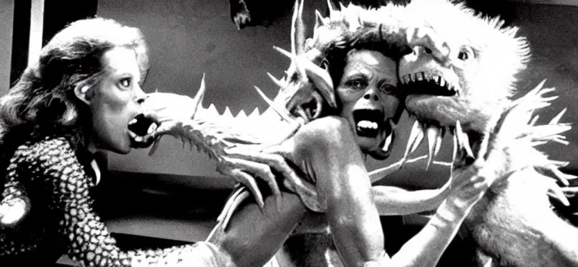 Image similar to sigourney weaver fighting a monster in a film still from a roger corman film, hyperrealistic