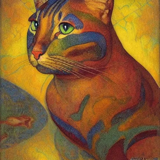 Prompt: painting of cloisonne cat head, by annie swynnerton and diego rivera and nicholas roerich and jean delville, symbolist, dramatic lighting, god rays, art brut, rich colors, smooth, sharp focus, extremely detailed, adolf wolfli and ( donato giancola )