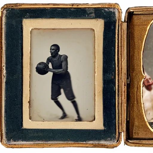 Prompt: Daguerreotype of a kapre playing basketball