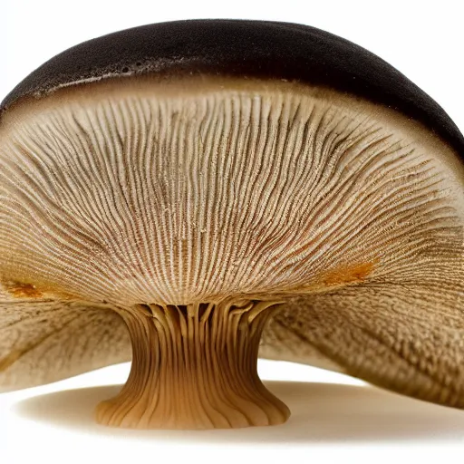 Prompt: one roud mushroom cap, bottom view, lamellae are clearly visible, no stipe, black background, hyper realistic, photografy,8k, epic composition