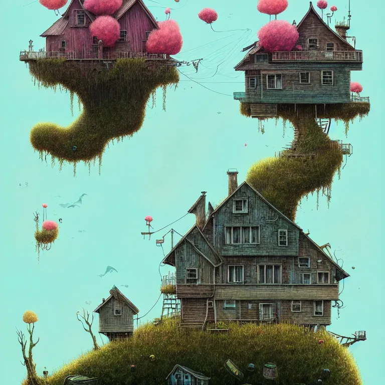 Image similar to house on island, sea cloud, surreal art by gediminas pranckevicius, geof darrow, dark shadows, hard lighting, floralpunk, inking, etching, screen print, masterpiece, trending on artstation, sharp, colorful high contrast hd, 8 k hyper detailed