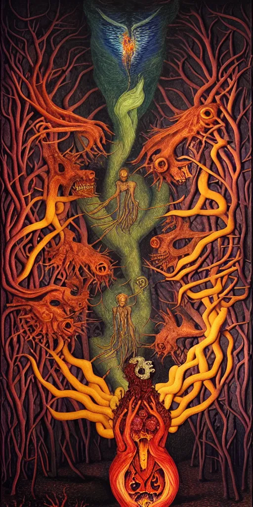 Prompt: mythical creatures and monsters in the visceral anatomical human heart imaginal realm of the collective unconscious, in a dark surreal mixed media oil painting by johfra, mc escher and ronny khalil, dramatic lighting fire glow