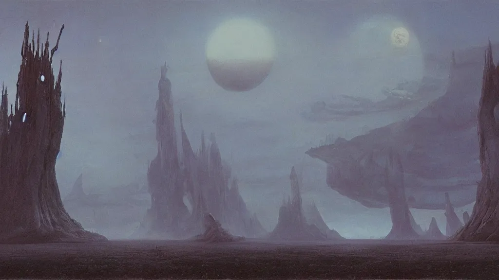 Image similar to otherworldly atmosphere of an evolving alien planet by arthur haas and bruce pennington and john schoenherr, cinematic matte painting