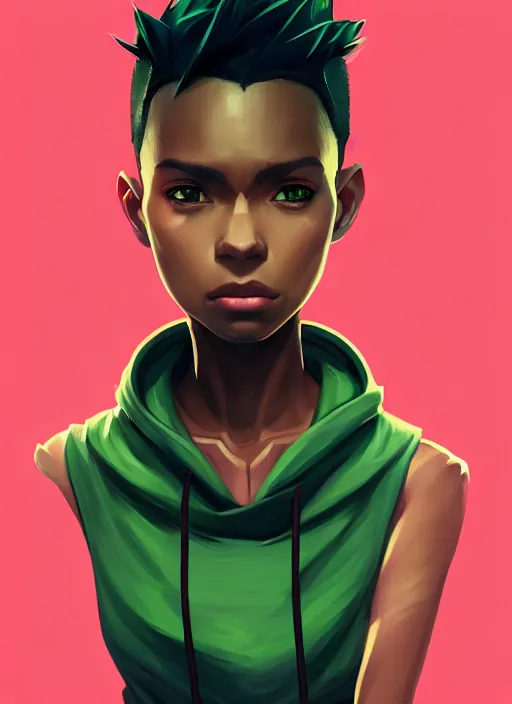 Image similar to photographic portrait of an handsome young black woman with a mohican haircut and green eyes in a back hoodie, flat lighting, elegant, highly detailed, digital painting, artstation, concept art, sharp focus, star wars, illustration, art by makoto shinkai