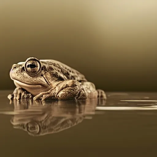 Image similar to toad philosopher in the pose of a thinker, swamp, hyperrealism, symmetric, by Irving Penn, bokeh top cinematic lighting , cinematic mood, very detailed, shot in canon