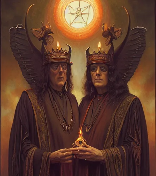 Prompt: A Magical Portrait of Aleister Crowley and the Great Mage of Thelema, art by Tom Bagshaw and Greg Simkins and Donato Giancola