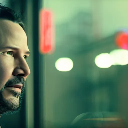 Image similar to a still of Keanu Reeves. Shallow depth of field. City at night in background, lights, colours ,studio lighting, mood, 4K. Profession photography