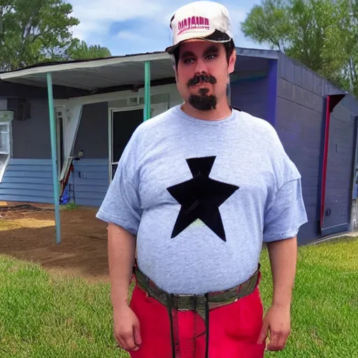 Image similar to anime ethank klein from h 3 h 3 dressed as an american redneck, standing in front of a mobile home in northern georgia, usa