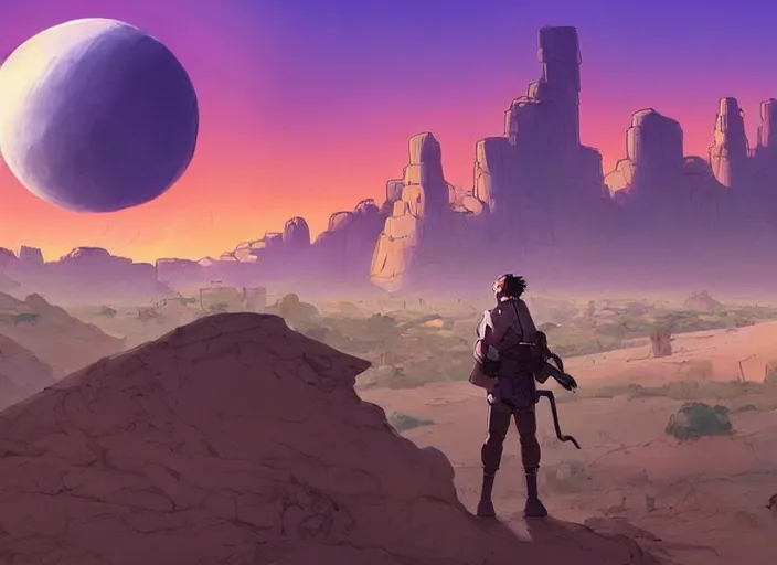 Prompt: cel shading background, science fiction pc game point - and - click adventure, studio ghibli, soldier roaming through desert with city in the skyline, two suns, purple orange colors, sharp focus, illustration, highly detailed, digital painting, concept art, matte, art by wlop and artgerm and greg rutkowski, masterpiece