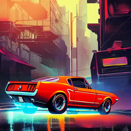 Image similar to a detailed render of a neon colored batmobile in a 1 9 6 7 ford mustang fastback, vector art, art by artgerm and greg rutkowski and alphonse mucha, cyberpunk city, rainy city streets, god rays, intricate detail, cinematic, 8 k, cel shaded, unreal engine, featured on artstation, pixiv