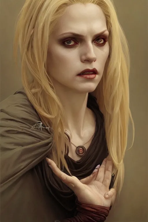 Image similar to portrait of an old blonde vampire mage, dark, piercing eyes, gentle expression, elegant clothing, photorealistic, highly detailed, artstation, smooth, sharp focus, art by michael whelan, artgerm, greg rutkowski and alphonse mucha