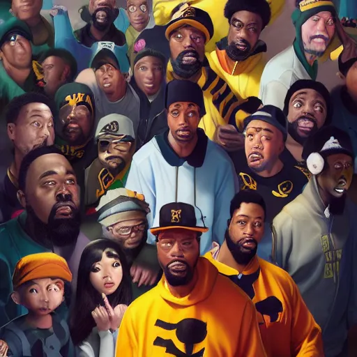 Image similar to a portrait of the wu - tang clan as pixar characters, beautiful, elegant, extremely detailed digital art, trending on artstation hyper realistic matte painting, by wlop, artgerm