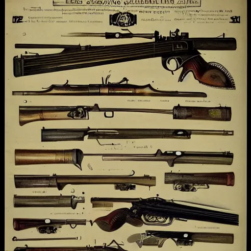 Prompt: 1900s catalogue of futuristic weaponry, vintage,