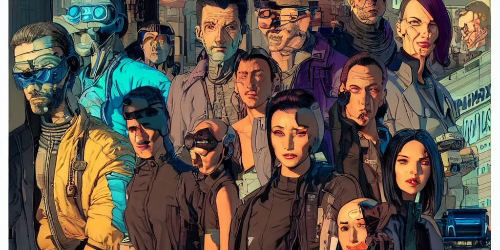 Image similar to cyberpunk heist crew. portrait by stonehouse and mœbius and will eisner and gil elvgren and pixar. character design. realistic proportions. dystopian. cyberpunk 2 0 7 7 character art, blade runner 2 0 4 9 concept art. cel shading. attractive face. thick lines. hi def 4 k. the team. detailed interesting characters. realistic faces.