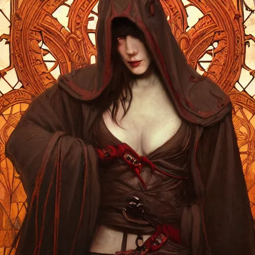 Prompt: masterpiece portrait of a hooded surly and resentful female tiefling thief with horns under the hood, by Greg Rutkowski and John Collier and Krenz Cushart and Artem Demura and Alphonse Mucha and Albert Aublet, as seen on ArtStation, 4k, dungeons and dragons, very aesthetic, very detailed, intricate, unreal, fantasy, dramatic, painterly, artstation, sharp focus, smooth
