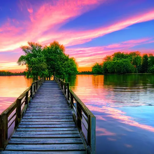 Prompt: a small dock on a quiet green lake, sunset, golden hour, beautiful lighting, peaceful, trees, high quality, high resolution