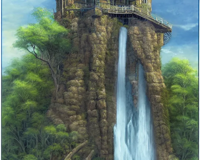 Prompt: Wide waterfall with a tower on top. Tower surrounded by an external spiral staircase. Distant bird's eye view showing the entire structure. Detailed gorgeous art, trending on ArtStation by Ted Nasmith.