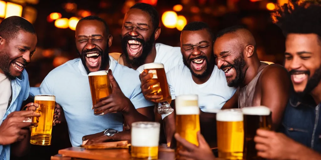 Prompt: a photo of black men in a bar laughing at jokes and drinking beer peacefully, 4k, realism, award winning photography