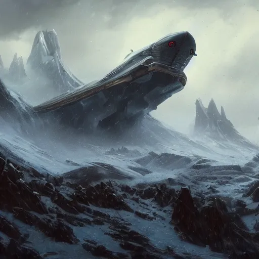 Prompt: an giant creature with long tongue attacking an starship in blizzardy mountains, Matte painting , detailed painting, greg rutkowski