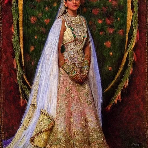 Prompt: full body portrait of a beautiful Kurdish bride wearing a beautiful wedding dress, very detailed eyes, hyperrealistic, beautiful and symmetrical face, very detailed painting by Claude Monet and Alphonse Mucha, ornate, trending on artstation, extremely high detail, incredibly intricate