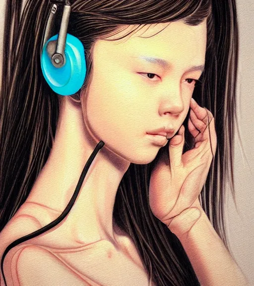 Prompt: young girl wearing headphone listening to amplifier trending on deviantart artstation drawing painting portrait giger sorayama frank Miller style