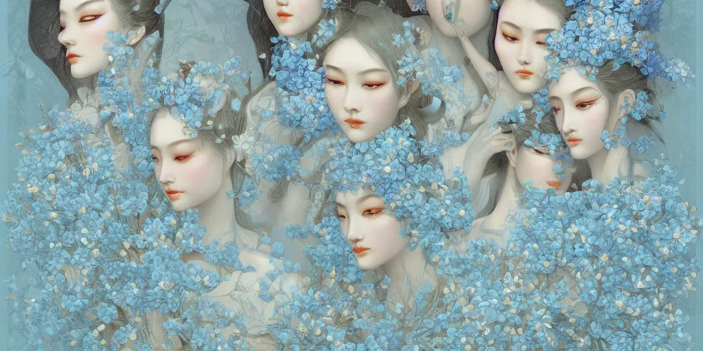 Image similar to breathtaking detailed concept art painting art deco pattern of faces goddesses amalgamation light - blue flowers with anxious piercing eyes and blend of flowers and birds, by hsiao - ron cheng and john james audubon, bizarre compositions, exquisite detail, extremely moody lighting, 8 k