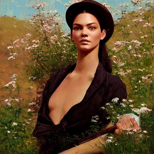 Image similar to happy very thick paint brush strokes paint texture full body very worn out very rusty fashion model kendall jenner by Jeremy Lipking by Hasui Kawase by Richard Schmid (((smokey eyes makeup eye shadow fantasy, glow, shimmer as victorian woman in a long white frilly lace dress and a large white hat having tea in a sunroom filled with flowers, roses and lush fern flowers ,intricate, night, highly detailed, dramatic lighting))) , high quality