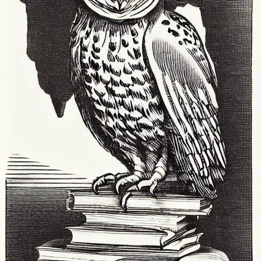 Image similar to an owl perched on a stack of books, art by james o barr and albrecht durer, woodblock print, black and white, vector