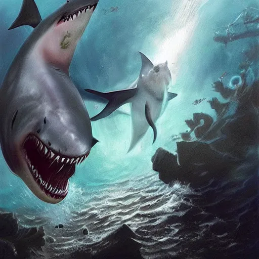 Prompt: a dream fantasy painting of ( white shark with blood teeth ) hunt a scuba diver, in the deep, trending on artstation, deviantart, matte painting by greg rutkowski, holly bruce, jon kuo