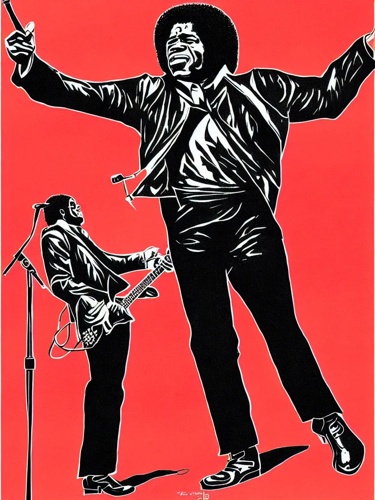 Image similar to illustration of james brown, james brown 7 0 ’ s concert poster, very fine detail, highly detailed, colored illustration, “ superbad ”,