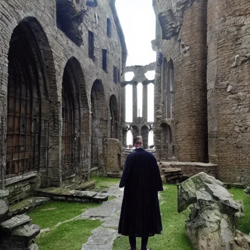 Image similar to in the harry potter universe far away at some ruins from a castle. a wizard is already there and summons a portal that would take me back home.
