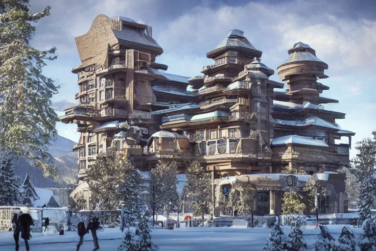 Prompt: postmodern zakopane designed by louis sullivan, still from a movie, photo art, artgerm, trending on artstation