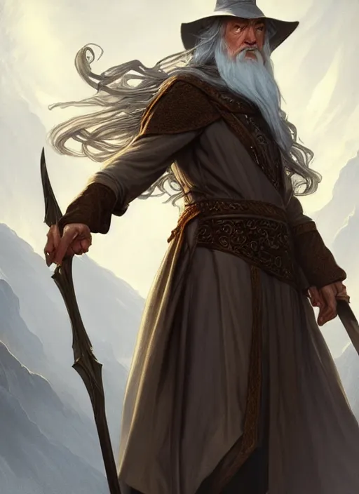 Image similar to gandalf, d & d, fantasy, intricate, elegant, highly detailed, digital painting, artstation, concept art, matte, sharp focus, illustration, hearthstone, art by artgerm and greg rutkowski and alphonse mucha