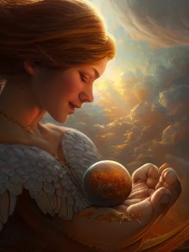 Image similar to an angel holding the world like a baby. intricate, elegant, highly detailed, digital painting, artstation, concept art, sharp focus, illustration, by justin gerard and artgerm, 8 k