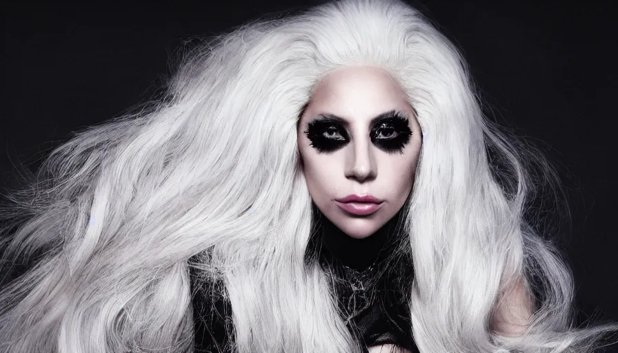 Prompt: lady gaga with long white hair , an album cover by Hedi Xandt, featured on vogue, steven klein, holography, smokey background, matte background, High resolution. Highly detailed. Dramatic. 8k.4k.