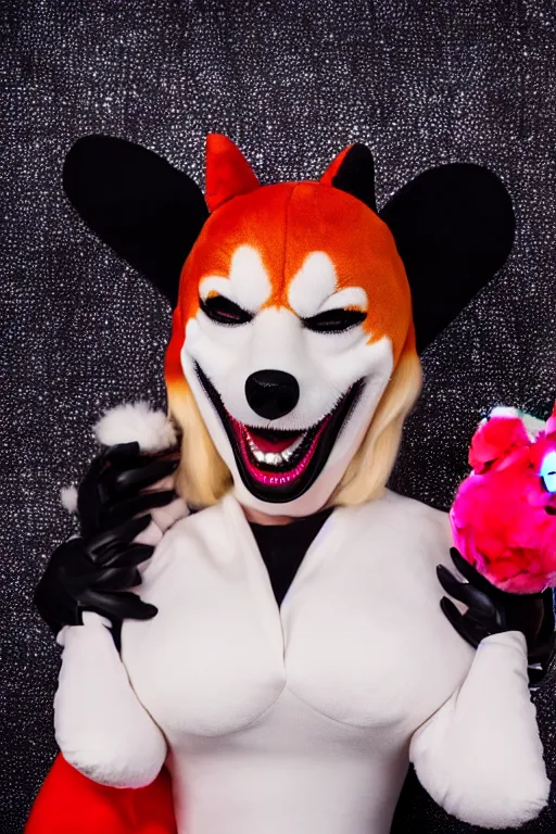 Image similar to lady gaga dressed as harley quinn attacked by plush shiba inu, plush toy, luxury materials, symmetrical, cinematic, elegant, professional studio light, real dlsr photography, sharp focus, 4 k, ultra hd, sense of awe, high fashion