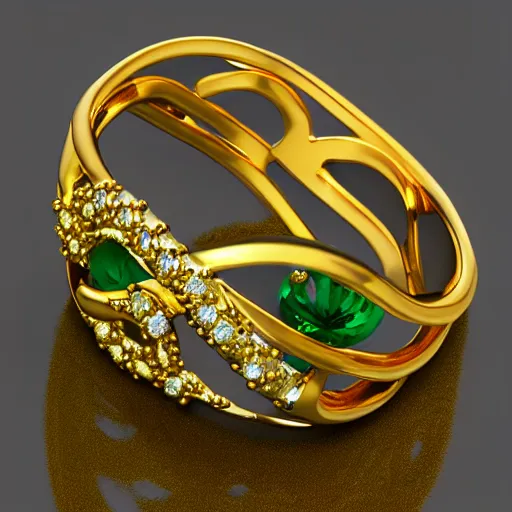 Prompt: mystical gold and diamond thin curly female ring with letter a and fine purple and green details, ultra detailed, centered, octane render, elegant, caustics