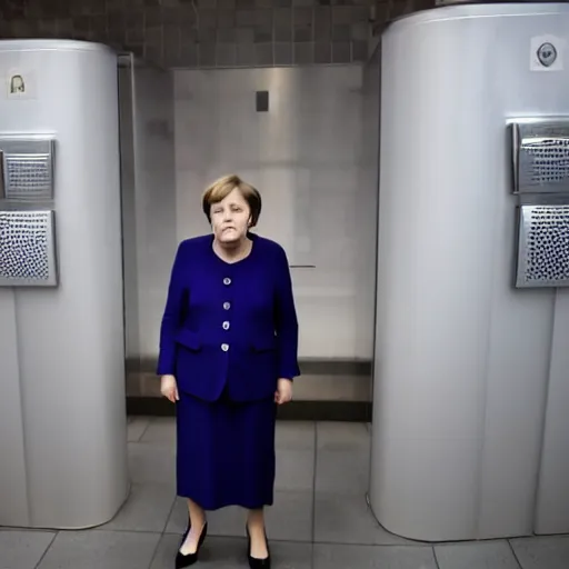 Prompt: angela merkel standing in front of a urinal