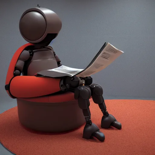 Image similar to futuristic lonely matte brown and red full-body humanoid robot with two huge round expressive sad LED eyes and open rectangular mouth sitting on a large comfortable cushioned 1950s vintage recliner reading a newspaper. open newspaper. Cinematic Movie Photograph, Arri Alexa, Extremely Detailed, smooth, very very clean, 8K, octane render, maya render, unreal engine, trending on artstation, DSLR, excellent composition, center frame