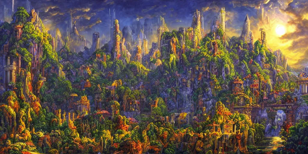 Image similar to fantasy oil painting, regale, fortress mega structure city, colossus of rhodes, atlantis, hybrid, looming, small buildings, warm lighting, overlooking, epic, lush plants flowers, rainforest mountains, bright clouds, luminous sky, outer worlds, cinematic lighting, michael cheval, michael whelan, oil painting, natural tpose